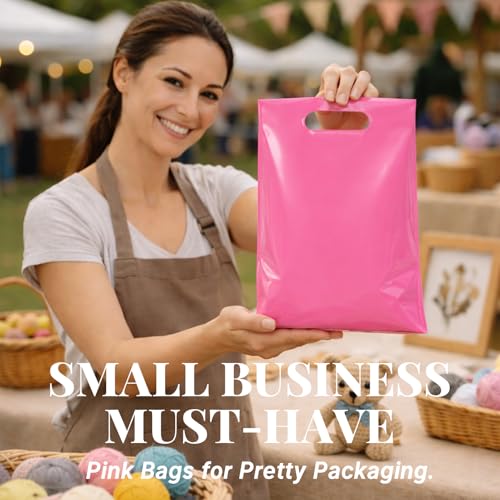 100PCS Pink Plastic Bags with Handles, 9 x 12 Inch - color: 03-Pink, size: 9"x12"