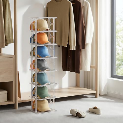 8 Tier Clear Hat Organizer Box with Drawer, Stackable Baseball Cap Display Storage Case with Sliding Tray & Magnetic Door, Large Hat Display Rack Holder, Each Fits Up to 24 Caps