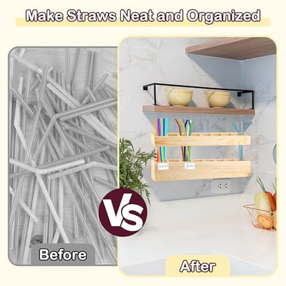 1+2PCS Wooden Straw Holder for Cabinet with Double Sided Adhesive Tape and Label Stickers, 8 Compartments Straw Storage Organizer Rack for Inside Cabinet Door