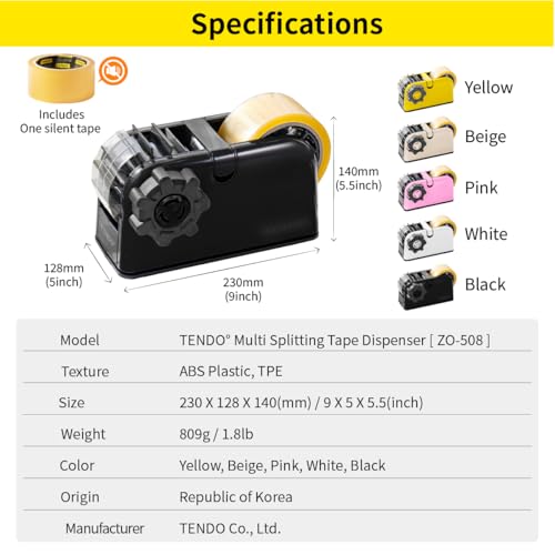 [TENDO°] TENDO Multi-Section Tape Dispenser, Custom Width Tape Cutter with 4 Cutting Sections, Built-in Safety Blade, Ergonomic Grip for Packing and Office Use, ZO-508(Black) - color: Black