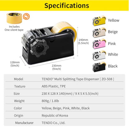 [TENDO°] TENDO Multi-Section Tape Dispenser, Custom Width Tape Cutter with 4 Cutting Sections, Built-in Safety Blade, Ergonomic Grip for Packing and Office Use, ZO-508(Black) - color: Black
