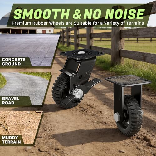 5inch Heavy Duty Caster Wheels, 1100lb Solid Rubber Plate Casters, Knobby Tread with Brake for Workbench, Dolly, Cart, Wagon, Trolley, Chicken Coop - Set of 4 (2 Brake & 2 Rigid)