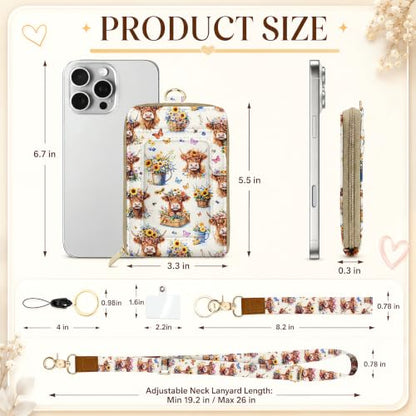 Lightweight Lanyard Wallet with RFID Blocking Card Holder, ID Badge Holder - color: Floral Highland Cow