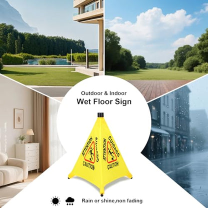 Caution Wet Floor Sign - 20" Height Bright Yellow Four-Sided Folding Pop Up Foldable Design - English Safety Warning Caution Sign For Commercial & Office