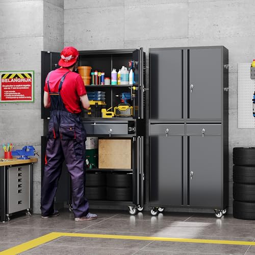 71" Metal Garage Storage Cabinet with 2 Drawers and Wheels - color: Black-dark Gray, size: 16"D x 30"W x 71"H