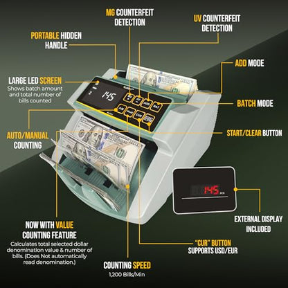 KOLIBRI Money Counter Machine I UV/MG I Set Value Count I LCD Display I Business Grade I Dollar, Euro I Advanced UV/MG/IR/DD/HLF Detection I 1,500 Notes/Min I 1-Year Warranty I KOLIBRI UV/MG - color: White/Green (Kolibri Uv/Mg)