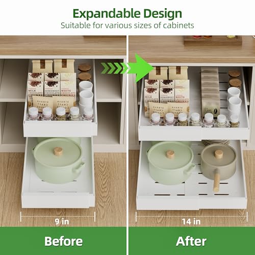 PAKETA 4 Pack Expandable Pull Out Cabinet Organizer,21" Deep - color: White, size: 21"D X 9-14"W (4 Pack)