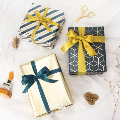 Ribbli Teal Gold Father’s Day Wrapping Paper Mini Roll, 3 Rolls Birthday Gift Wrap for Men Boy Friend Wedding - 17 inch x 120 inch(10feet) Per Roll - color: Teal/Gold
