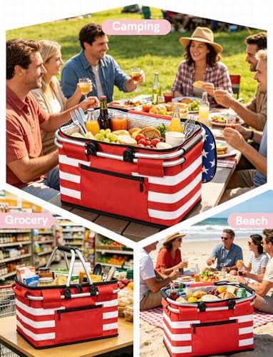 26L Insulated Picnic Basket,Collapsible Leak-Proof Bag,Star Pattern - color: Stars Pattern, size: 26L