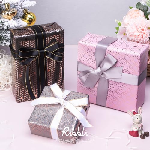 Ribbli Rose Gold Pink Birthday Wrapping Paper Mini Roll, 3 Rolls Grey Pink Black Geometry Pattern with Rose Gold Foil for Valentines Day Mothers Day Wedding - 17 inch x 120 inch(10feet) Per Roll - color: Grey/Pink/Black