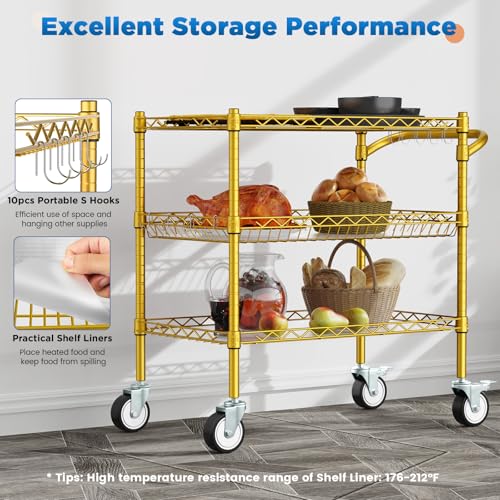 Leteuke 3 Tier Rolling Carts with Wheels, Heavy Duty Rolling Utility Cart - color: Gold