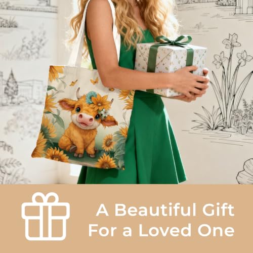 Cute Canvas Tote Bag for Women, Book Totebag with Zipper Pocket - color: Highland Cow