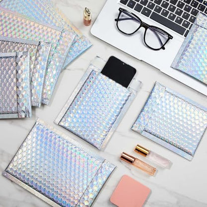 Henoyso 100 Pcs Holographic Bubble Mailer 4 Sizes Adhesive Padded Envelopes - color: Laser