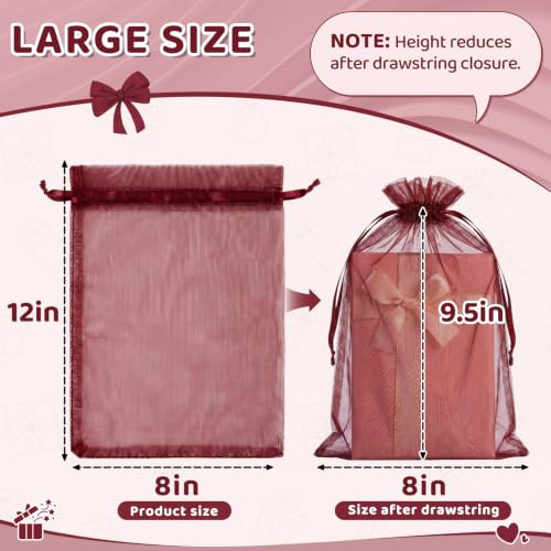 Crweety 50PCS Organza Bags 8x12 Large Red Mesh Gift Bags Drawstring - color: Red (Burgundy)
