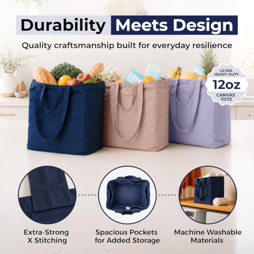 VeraMia Canvas Grocery Bag 3pc XL Set with Real Pockets, Long Shoulder Strap and Short Handle. Heavy Duty, Foldable, Washable - color: Navy Blue