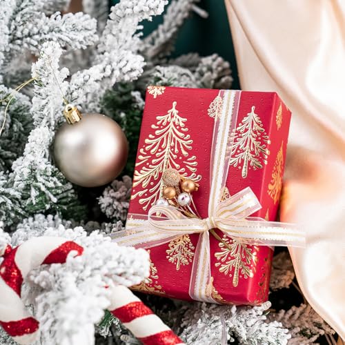 WRAPAHOLIC 30 Inch 3D Kraft Christmas Wrapping Paper - 30 Inch x 16.5 Feet - Gold and Red Christmas Tree Wrapping Paper with Embossed Perfect for Holiday, Party Celebration - color: Christmas Tree - Red & Gold, size: 30 inch x 16.5 feet