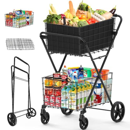 JIALIJIU 2-Tier Shopping Cart for Groceries with 360° Rolling Wheels - size: Jumbo-Black 2 Tier
