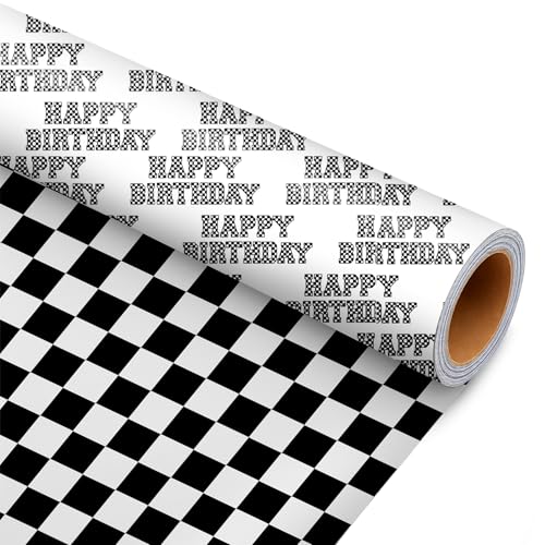 Cuitpan Reversible Birthday Wrapping Paper – Checkered Happy Birthday Text & Black White Checkerboard, Gift Wrap for Men, Racing Theme Design, Birthday Party, 17" x 16.5ft - color: Happy Birthday-Black