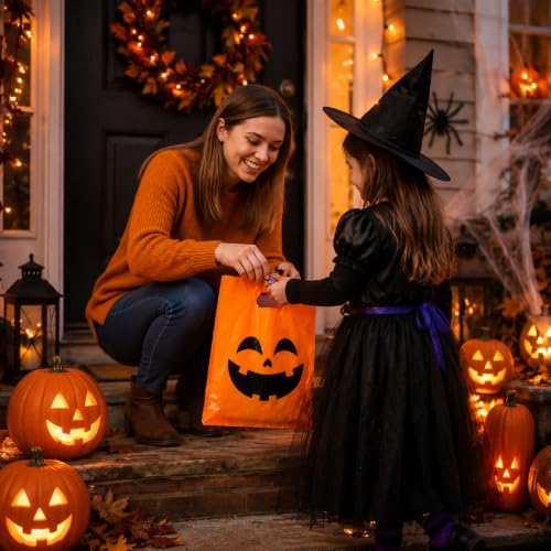 Pasimy 25 Pcs Halloween Bags with Handles, 11.8x7.9'' Spooky Pumpkin - style: Spooky Pumpkin