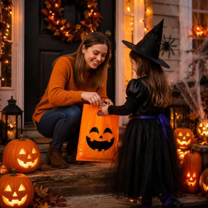 Pasimy 25 Pcs Halloween Bags with Handles, 11.8x7.9'' Spooky Pumpkin - style: Spooky Pumpkin