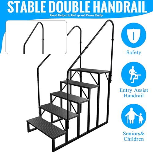 RV Stairs 5 Step Ladder, RV Steps Anti-Slip, Hot Tub Steps with Handrail, 660 lbs RV Ladder for 5th Wheel RV, Mobile Home Stairs（2 Handrails - size: 5 Step-2