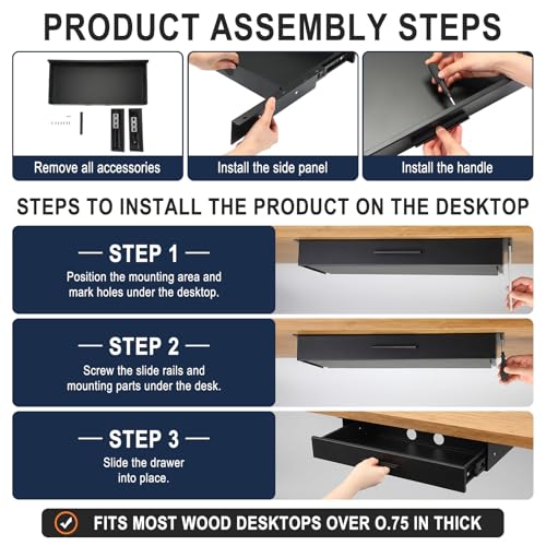 Menkxi 20 x 9 in Under Desk Drawer,Slide out Storage Organizer Heavy Duty - size: 20 x 9 in