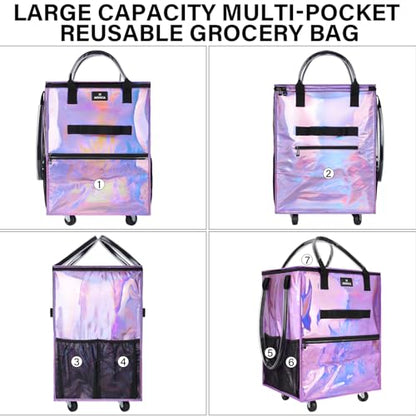 Reusable Grocery Bag On Wheels, 70L Foldable Rolling Tote with 6 Pockets - color: Gradient Purple, size: Medium