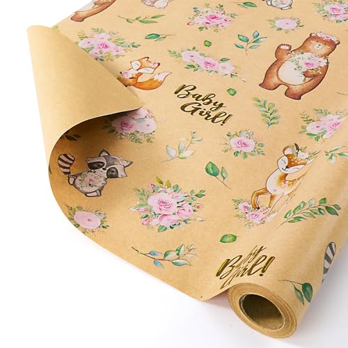 WERNNSAI Baby Girl Kraft Wrapping Paper Roll, 33 ft Baby Shower Wrap Paper - color: Baby Bear-Girl