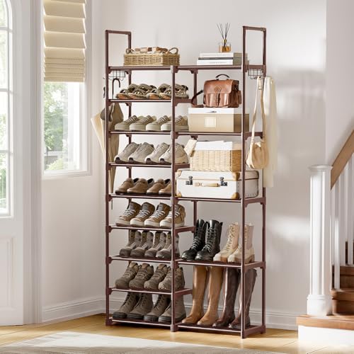 WOWLIVE 9 Tier 2-Column Shoe Rack, 30-35 Pairs Stackable Brown - color: Brown, size: 2 Row 9 Tier