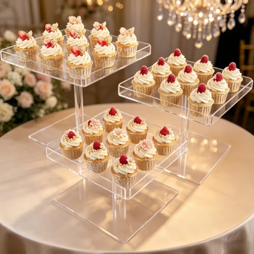3 Pcs Clear Acrylic Dessert Stand Set, 3 Sizes Cupcake Display Stands for Wedding Birthday Party, Treats Buffet Risers for Cupcakes Cake Pastry Food
