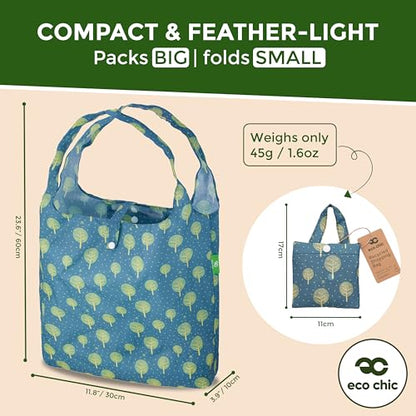 ECO CHIC Foldable Reusable Grocery Bags - Lightweight, Recycled & Reusable Shopping Bag - Waterproof Packable Tote - color: Tree of Life Blue