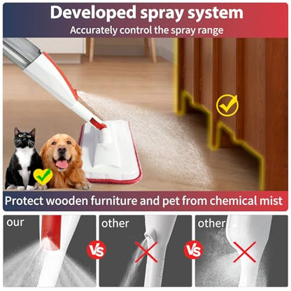 Spray Mop for Floor Cleaning, 2 Pack with Refillable Bottles & Pads - color: Red Blue