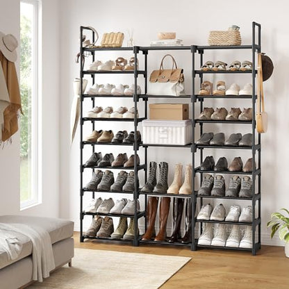 WOWLIVE 9 Tier 3-Column Shoe Rack, 50-55 Pairs Stackable Black - color: Black, size: 3 Row 9 Tier