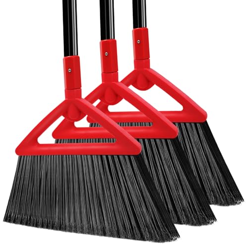Heavy Duty Angle Broom, 3 Pack Longer Commercial Brooms, Swipe Brooms for Sweeping Indoor Outdoor, Perfect Red Broom of Kitchen, Garage, House, Restaurant - color: Red *3p