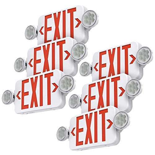 Red Led Exit Sign Emergency Light Combo Adjustable Two Head, Double Sided and Battery Backup Exit Light, Contractor Select, AC 120/277V (6 Pack)
