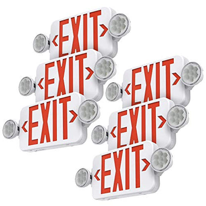 Red Led Exit Sign Emergency Light Combo Adjustable Two Head, Double Sided and Battery Backup Exit Light, Contractor Select, AC 120/277V (6 Pack)