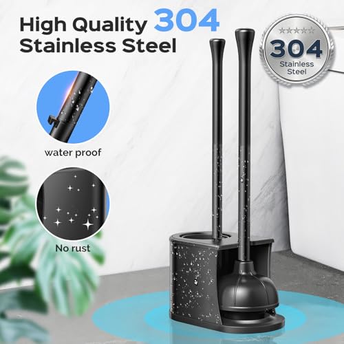 HAMITOR Toilet Plunger and Brush Set: 2 in 1 Stainless Steel Combo with Curved Bristles - Heavy Duty Toilet Unclogging for Family Bathroom - Compact Hideaway Apartment Cleaning Accessories - Black - color: Black