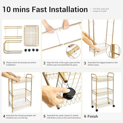 3 Tier Rolling Utility Cart, Storage Trolley Service Cart with Wheels Easy Assembly for Kitchen, Living Room, Office, Salon, Gold