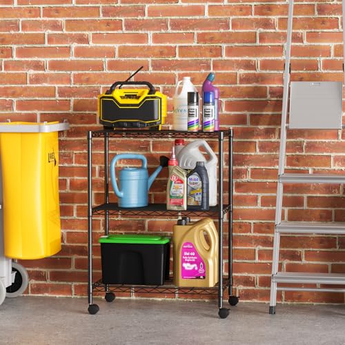 FDW | 3-Tier Wire Shelf with Wheels | 23" x 13" x 31" | Black - color: Black, size: 3-Shelf With Wheels