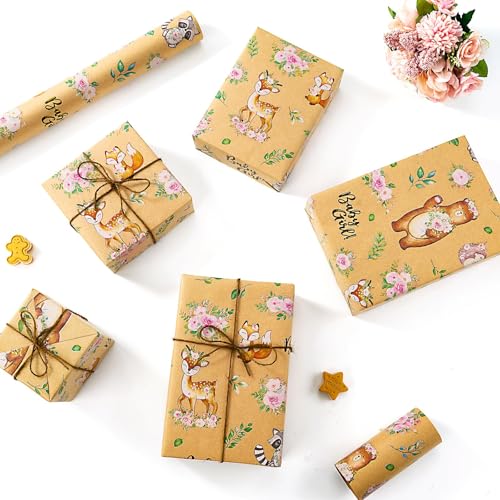 WERNNSAI Baby Girl Kraft Wrapping Paper Roll, 33 ft Baby Shower Wrap Paper - color: Baby Bear-Girl
