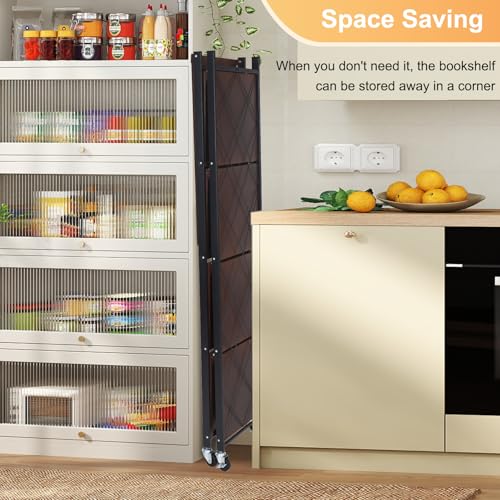 5-Tier Foldable Storage Shelves with Wheels,Folding Bookshelf no Assembly - color: Rustic Brown, size: 5 Tier