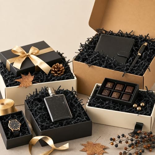 STRBOXONG Black Crinkle Paper Filler 1 LB, Dust-Free Crinkle Cut Paper Shred for Luxury Gift Boxes, Men's Gifts, Halloween Baskets, Party Favors, Retail Displays and Event Packaging - color: Black