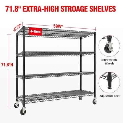 GarveeTech 4-Tier Wire Storage Shelves with Wheels, 2640LBS Heavy Duty Metal Shelving Unit with Adjustable Storage Shelves for Home, Pantry & Warehouse, Easy Assembly, 71.8" H x 59W x 17.7" D