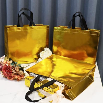 cabzymx 15 Pcs Glossy Yellow Gold Reusable Gift Bags Bulk, 12.6 x 4.7 x 11 In Holiday Party Bags with Handles & Sturdy Bases, Ideal Goodie Bag for Birthday, Wedding, Xmas, Thanksgiving - color: Yellow, size: 1 Count (Pack of 15)