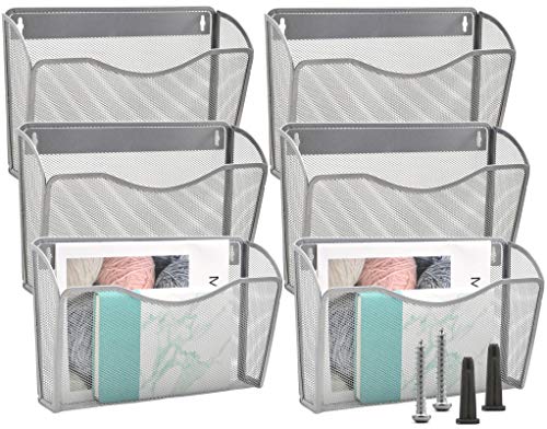 EASEPRES 6 Single Pocket Mesh Hanging File Organizer, Vertical Wall Mounted Magazine File Holder, Mount Basket Mail Paper Document Folder Organizing for Office, Home and School, Silver - color: Silver, size: 6 Pack