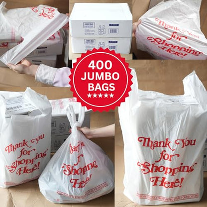 Jumbo Thank You Plastic T-Shirt Bags with Handles, 400 Count, 20 Micron Heavy Duty Grocery & Retail Bags, Large White Carryout Bags, 18" x 7" x 32", for Stores, Takeout & Shopping