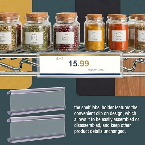 Kathfly 100 Pcs Wire Shelf Label Holders with 100 Pcs Label Paper Inserts 5" x 1.25" Plastic Shelf Tags Clear Wire Labels Clip on Ticket Holder Compatible with 1-1/4 Inch Shelves