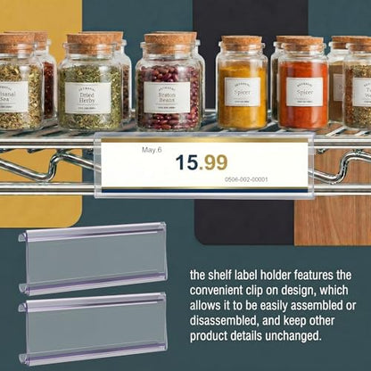 Kathfly 100 Pcs Wire Shelf Label Holders with 100 Pcs Label Paper Inserts 5" x 1.25" Plastic Shelf Tags Clear Wire Labels Clip on Ticket Holder Compatible with 1-1/4 Inch Shelves