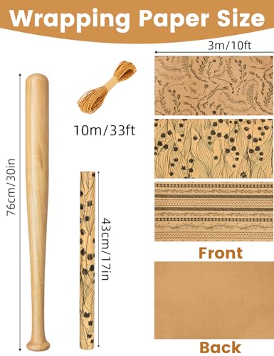 Kraft Floral Wrapping Paper- 3 Mini Rolls, 17 Inch x 9.8 Feet Each- 80gsm Gift Wrapping Paper with 33Ft Wrapping Twine, Grid Lines on Reverse- Perfect for Birthday Mother’s Day Wedding Christian Gifts - color: 3 Rolls Simple Floral