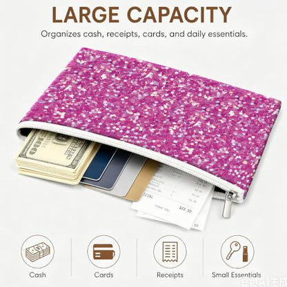 Money Bag with Zipper, Cute PU Leather Cash Bags, Portable Bank Bag Money Pouch for Cash, Coins, Checks, Receipts, Invoices Cosmetics Tools, Deposit Bag for Office Travel, Pink Glitter - color: Pink Glitter